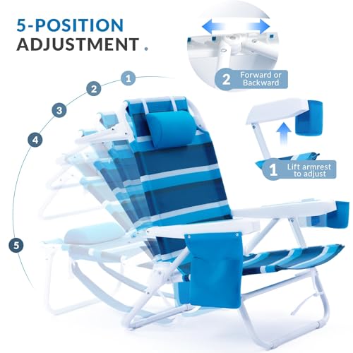 Beach Chair 2 Pack, Silla de Playa Reclinable de Tela Mesh con 5 Posiciones, con Correas Mochila, Bolsa Térmica y Portavasos para Aire Libre miniatura 5