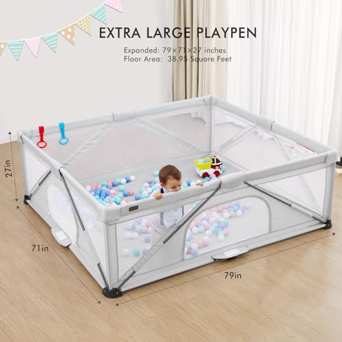Image of Yobear Foldable Baby Playpen (79 inchx71 inch) - Portable Play Yard for Babies and Toddlers with 50 Ocean Balls, 2 Pull Handles & Carry Bag - Easy Setup Safe Indoor Outdoor Kids Activity Center (Grey)