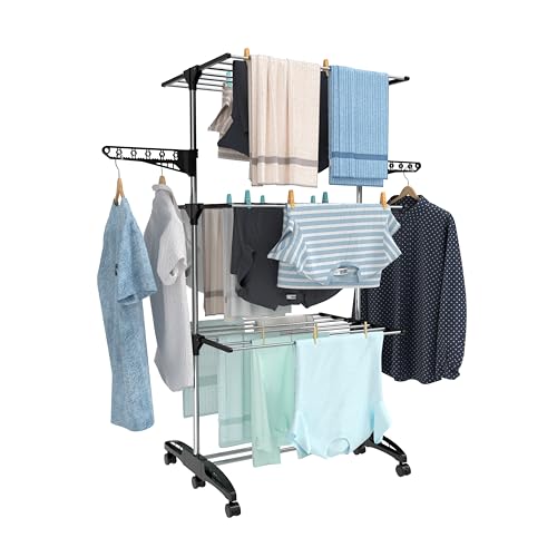 Hyfive Tendedero de ropa para interiores, tendedero de ropa de caballo, tendedero de ropa de 4 niveles, plegable, ahorro de espacio, con zapatero, de acero inoxidable, fácil almacenamiento (negro)