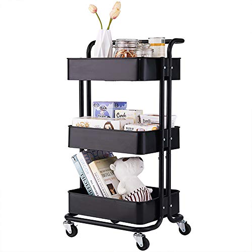 Image of 3 Tier Rolling Cart with Mesh Basket, Utility Carts with Lockable Wheels, Multifunction Storage Cart Organizer for Bathroom, Bedroom, Pantry, Kitchen, Home, Office (17.5 x 14.5 x 33.5Inches, Black)