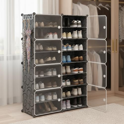 Image of Sunderlook Shoe Rack Plastic for Home- Slipper Stand, Professional Shoe Stand, Chappal Stand, Multipurpose Foldable Standing Comfort Runner Shoe Rack with Door (Black, 16 Shelf 8 Door)