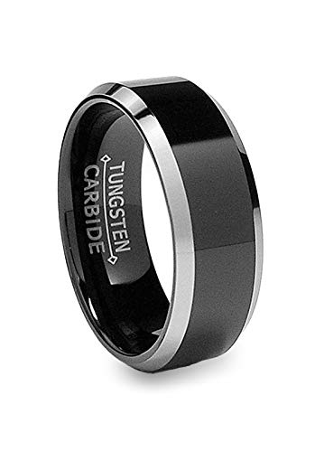 8MM Flat Top Two Tone Black Tungsten Ring Wedding Band Sizes 5 to 15 - Main Image