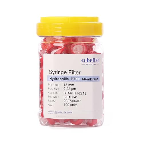 Image of Syringe Filter Hydrophilic PTFE, 0.2μm 13mm, Non-sterile, PK of 100 | Syringe Lab Filters, Hydrophilic PTFE, Female Luer Lock & Male Luer Slip, for Strong Solvents / Acids / Bases