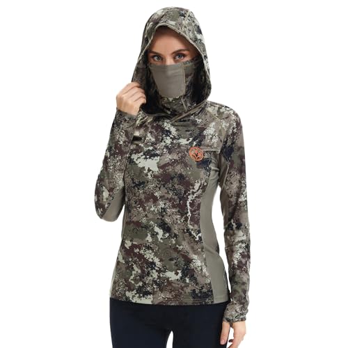 BASSDASH Women's UPF 50+ Camo Hunting Hoodie with Neck Gaiter Breathable Performance Long Sleeve Fishing Hooded Tee FS03W