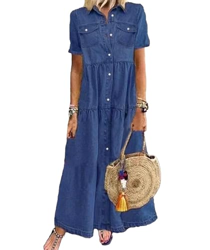 Sexyshine Women's Button Down Denim Dress Short Sleeve Lapel Collar High Waist A Line Swing Ruffle Jeans Maxi Dress(27982ZQ,3XL) Dark Blue