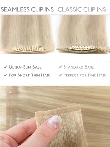 Image of WENNALIFE Seamless Clip In Hair Extensions, 18 Inch 7pcs 130g Ombre Ash Blonde to Golden Blonde Balayage Platinum Blonde Hair Extensions Clip In Invisible PU Weft Real Human Hair Extensions Clip In