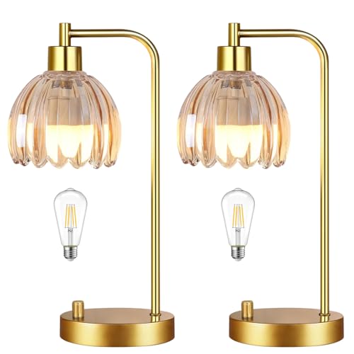 ILLMTW Glass Table Lamp Set of 2,Small Gold Bedside Lamps Dimmable Boho Bedroom Lamp with Tulip Flower Amber Lamp Shade,Vintage Mid Century Modern Mini Nightstand Lamp for Bedroom Living Room