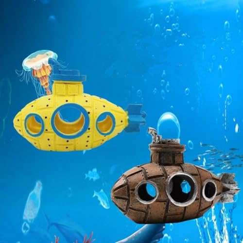 Image of Floating Fish Aquarium Tank Decoration Game Aquarium Accessoriess (Yellow) | Retro Submarine Aquarium Decoration Fish Toy Betta Cichlid Gold Fish Shrimp Hermit Crab Game Companion Aquarium Accessories