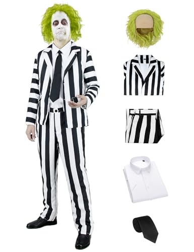 Black and White Costume Suit Men Adult Vertical Strip Jacket with Striped Pants Shirt Tie Halloween Costumes 80s Scary Movie Character Cosplay Party Outfit SV018M