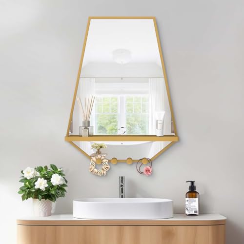 Image of BEAUTME 26x20 inch Bathroom Mirror with Shelf, Irregular Hexagonal Metal Wall Mirrors with Hooks, Bathroom Vanity Mirror Farmhouse, Wall Mounted Mirror Decor for Living Room Bedroom Entryway (Gold)