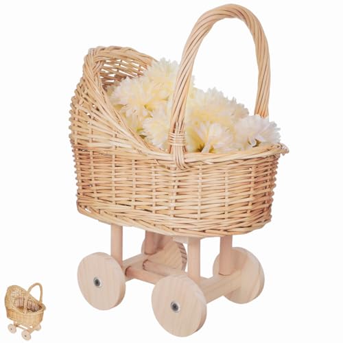 Frcolor Cesta de flores en forma de cochecito tejida con asa para bodas, niñas, baby shower, eventos, decoración, 14.56 x 9.84 x 7.48 pulgadas