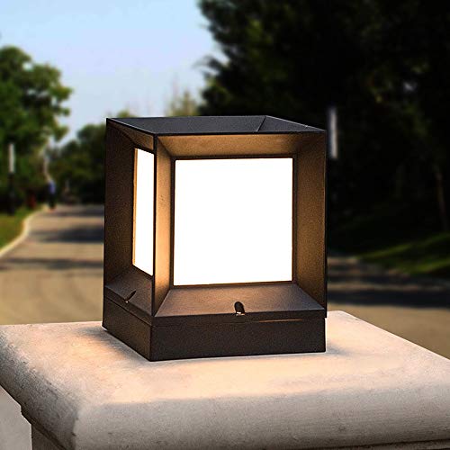 Patio Pilier Lampe E27 Étanche Noir Fonte Alu et Acrylique Carré Pilier Pelouse Post Lumière Carré Maison Cour Colonne Phare LED Décoration Éclairage Économie...
