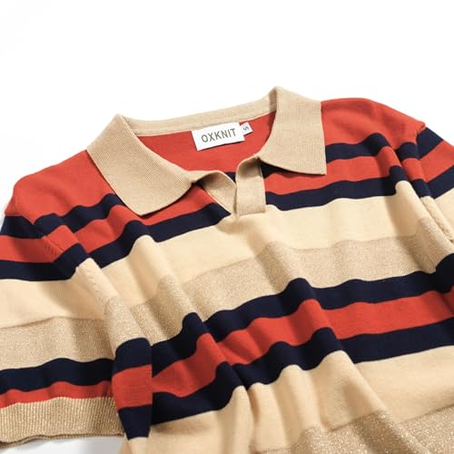 Men's Knit Polo Shirts, 1960s Mod Style Retro Stripe Short Sleeves Casual V-Neck Short Shirts, Light Brown3