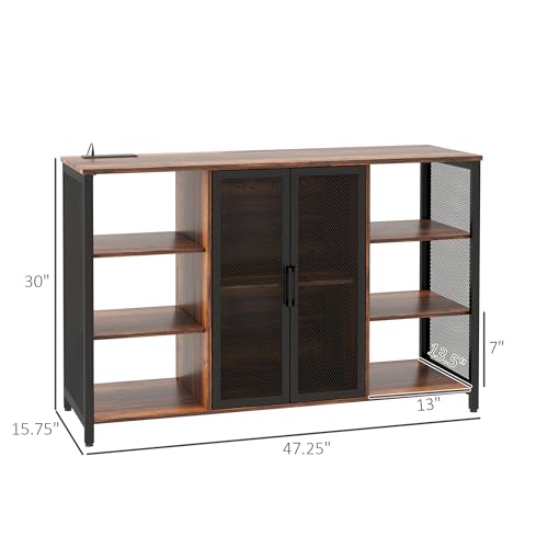 HOMCOM Wine Bar Cabinet with Charging Station and LED Lights, 47\" Industrial Liquor Cabinet Bar Stand for Home, Wine Table with Glass Holders, Adjustable Shelf and 6 Open Shelves, Rustic Brown - Thumbnail 3