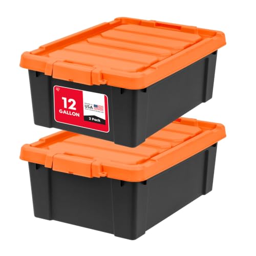 IRIS USA 12 Gallon Lockable Storage Bins with Lids 2 Pack - Made in USA Heavy Duty Stackable Containers Garage Organizing Bins Moving Tubs Rugged Sturdy Equipment Utility Box - Black/Orange