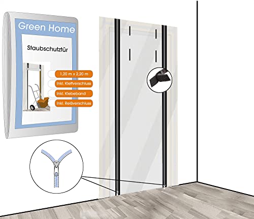 Green Home Staubschutztür Folie mit Reißverschluss Bautür [PE-Folie] 1,20 x 2,20 m inkl. doppelseitigem Klebeband und KLETTVERSCHLUSS
