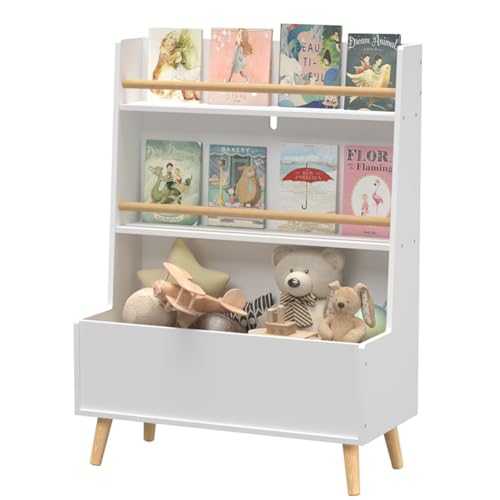 CuisinSmart Kids Bookshelf with Toy Organizer, 3-Tier Wooden Children's Book Shelf, Toy Storage Organizer with Legs, Kids Bookcase for Children's Room, Playroom, Nursery and Classroom White B