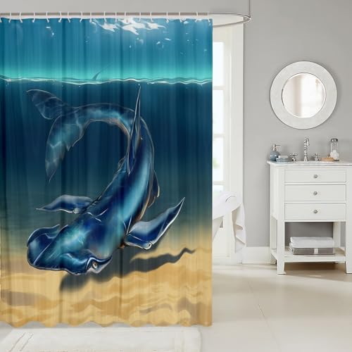 Image of Shark Shower Curtain with Hooks Hammerhead Shark Waterproof Shower Curtains for Boys Girls Kids Ocean Marine Theme Bathroom Shower Curtain Room Decor Underwater Animal Pattern Bath Curtains 72x72 Inch