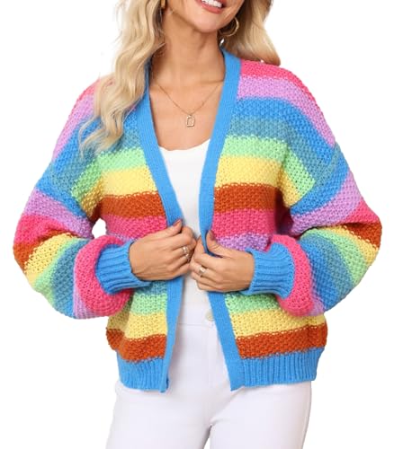 LifeShe Women's Striped Cardigan Sweater Open Front Color Block Chunky Knit Sweaters Coats