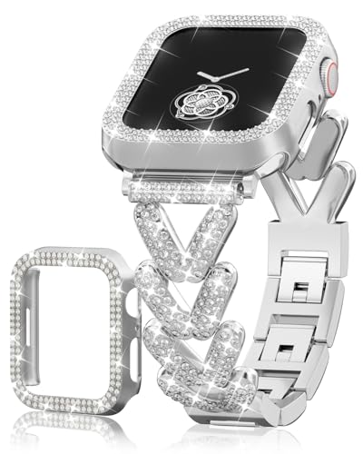 Image of Rhinestones Encrusted Metal Bracelet and Case, Compatible with Apple Watch Bands 38mm-49mm (Series 11 /10 /1 /SE /Ultra 2)- Bling Gold Women's Jewelry Strap, Luxury iWatch Bracelet