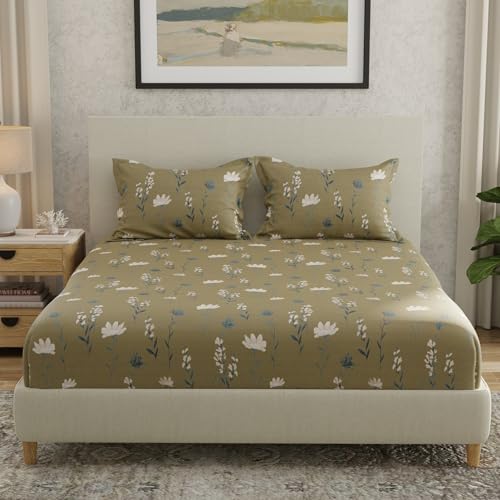 Image of HUESLAND by Ahmedabad Cotton 144 TC Double Bedsheet Cotton with 2 Pillow Covers | Olive Green, White & Grey