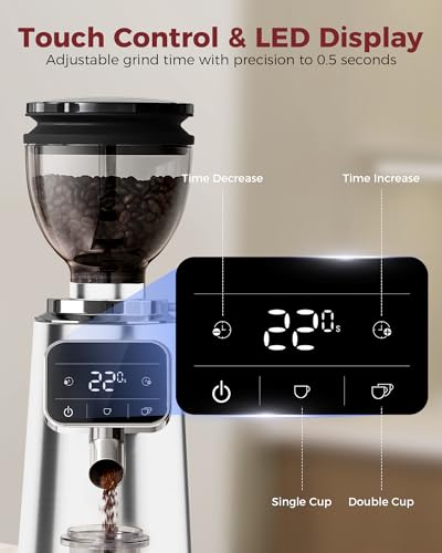Image of Tuni G3 64mm Flat Burr Coffee Grinder, 100 Grind Settings Electric Espresso Grinder with Single Dose Set | Commercial Grade Precision, Touchscreen | Anti-Static Tech | Stainless Steel (Silver)