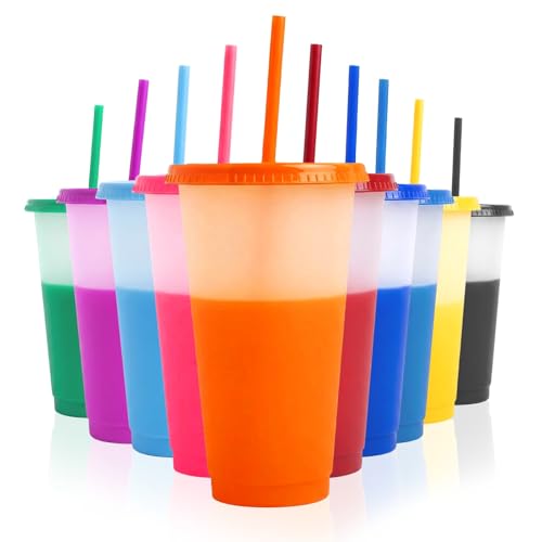 EXITOGLOBAL 10pcs 24oz Color Changing Cups with Lids and Straws Color Changing Tumbler Reusable Cups with Lids in Multicolors Perfect for Cold Drinks Cold Coffee Smoothie etc
