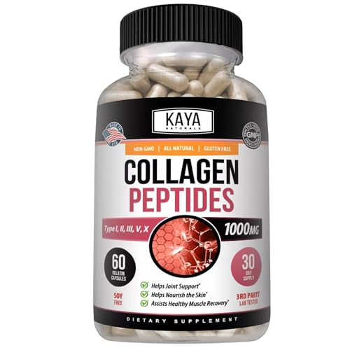 Kaya Naturals Multi Collagen Peptides Complex Powder for Women and Men, Types I, II, III, V & X | 60 Count Capsules