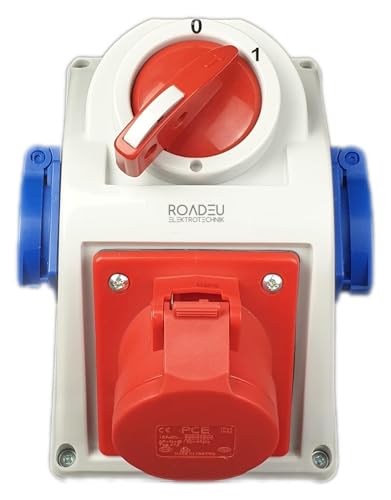 RoadEu Stromverteiler 16A, Aufputzsteckdose mit CEE Steckdose 16A und 2x Schuko Steckdose 230V. Wandverteiler mit Integrierter Hauptschalter 0-1 und Blockade. Europäische Komponenten