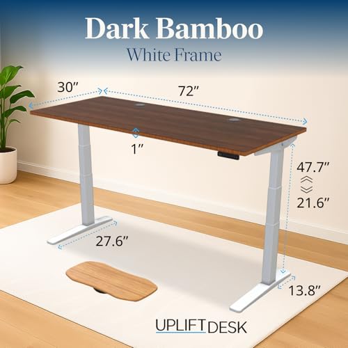 Image of UPLIFTDESK Dark Bamboo (72 x 30 inch) Standing Desk 2-Leg V3 Adjustable Stand Up C-Frame (White), Advanced Keypad, Wire Grommets, Wire Tray, Rocker Board