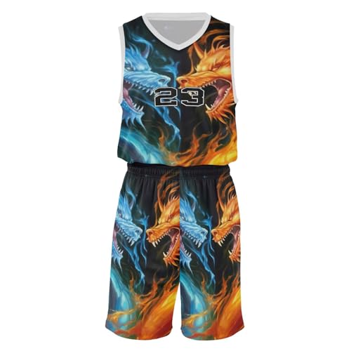 FLildon Dragon Fire Fighting Boys Basketball Jersey Set Tank Top Shorts Tracksuit Sport Training Suit for Kids, XL