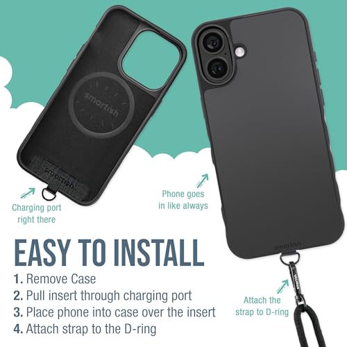 Image of Smartish iPhone 16 Plus MagSafe Case with Crossbody Lanyard Strap - Gripmunk - [Slim + Protective] Magnetic Slim Case with Universal Detachable Shoulder Neck Strap - Black Tie Affair
