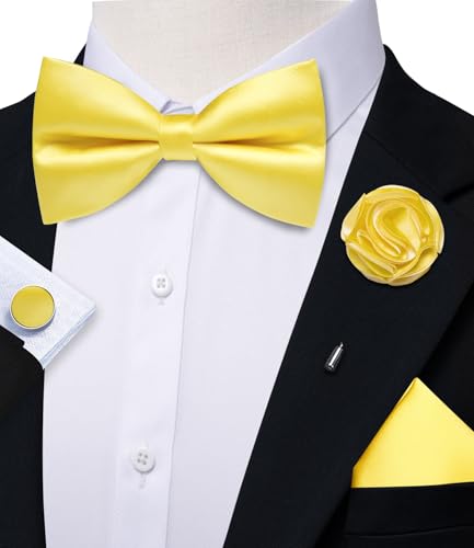 Image of Solid Color Bow Ties for Men Silk Pre-tied Tuxedo Bowtie Set 4PCS | Pre-tied in 3 seconds,adjustable 4PCS bow tie and pocket square cufflinks lapel pin set,wedding,formal,party,prom,graduation