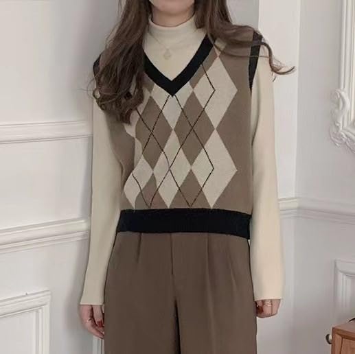 Preppy Plaid Sleeveless V Neck Knitted Crop Top Kawaii Jk Sweater Vest Striped Pullovers for Women Tank Tops4