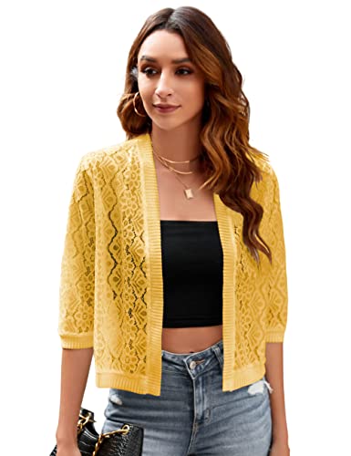 Image of Xunger Women's 3 /4 Sleeve Lace Cardigan Casual Open Front Floral Lace Shrug Summer Cover Up