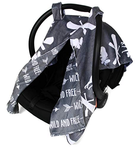 Image of Dear Baby Gear Deluxe Reversible Car Seat Canopy, Custom Minky Print, Grey Wild and Free and Moose with Canoe