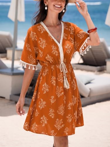 Image of CUPSHE Women Tassel Trim Summer Dress V Neck Lace Short Sleeve Paisley Boho Casual Sundress Holiday Beach Mini Dress