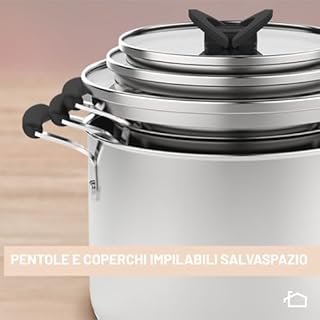 Lagostina Optispace, Set 8 Pentole, Padelle e Coperchi, Impilabili e Salvaspazio, Pentole in Acciaio Inox 18/10, Padelle Antiaderenti, Con Manici in Silicone