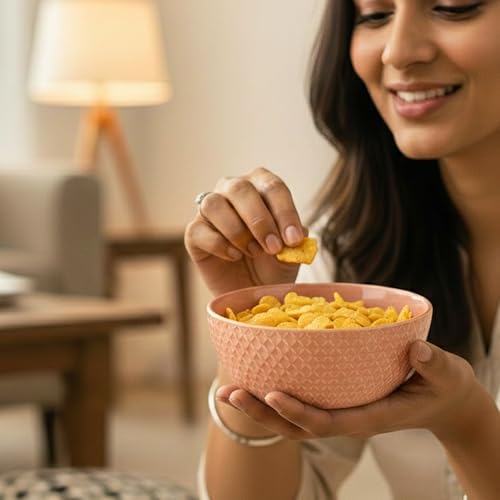 Image of The Earth Store Peach Embossed Ceramic Bowl Set of 4 - 500ML Each | Ceramic Mixing Bowls for Snacks, More | Rice, Dal, Fruits, Salad | Microwave Safe Bowl Set | Perfect for Gifting & Daily Use