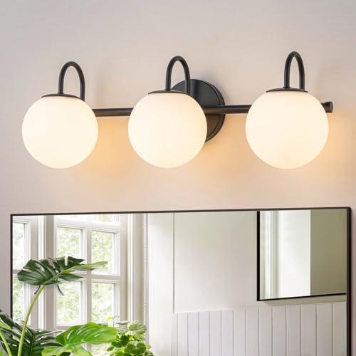 Image of Milk Glass Vanity Light, 22.6 inch Modern Bathroom Light Fixtures Mid-Century Globe Vanity Light 3-Light Glass Wall Sconce Black