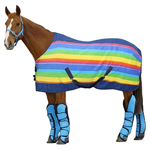 Bow & Arrow Horse Fleece Stable Rug - 250G Medium Weight Standard Neck Rainbow Stipe Blanket - Equestrian Protective Winter Indoor Yard Travel Warm Cover Cover