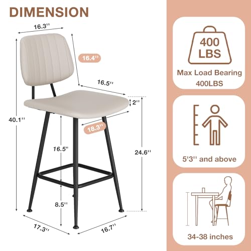 Image of Raynesys 24-Inch Leather Bar Stools Set of 3 with High Backrest, Beige