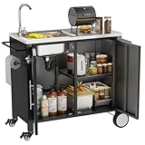 ahomrt Outdoor Grill Table with Sink, Grill Cart with 304 Stainless Steel Sink and Cabinet, Outdoor Grill Cart,Outdoor Cart Sink Station with Wheels, 38in x 18in x 35in