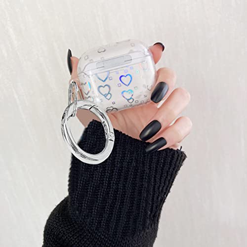 J.west Compatible With Airpods 3 Case Clear Laser Glitter Heart Pattern Fashion Flexible Soft Durable Slim Shockproof Airpods Case With Keychain For Airpods 3Rd Generation For Women Girls #TOP2