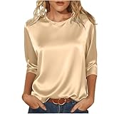 Maglietta in raso da donna, elegante, a maniche a 3/4, tinta unita, girocollo, per feste, tunica, abbigliamento moderno, a maniche lunghe, leggera, basic, O beige., L