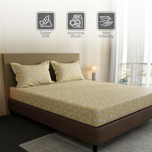 Image of Layers 100% Cotton Bedsheet for Double Size Bed | Lumina Floret Collection | 144 TC Soft & Breathable | Floral Print with 2 Pillow Covers | Wrinkle Free & Colorfast | 3 Piece Bedding Set - Yellow