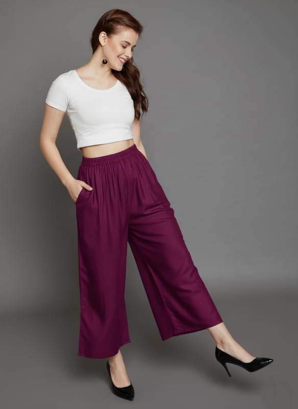 Image of Super Soft Viscose Rayon Flared Palazzo Pants for Women Stylish Wide Leg Straight Relaxed Fit Casual Ethnic Office Wear