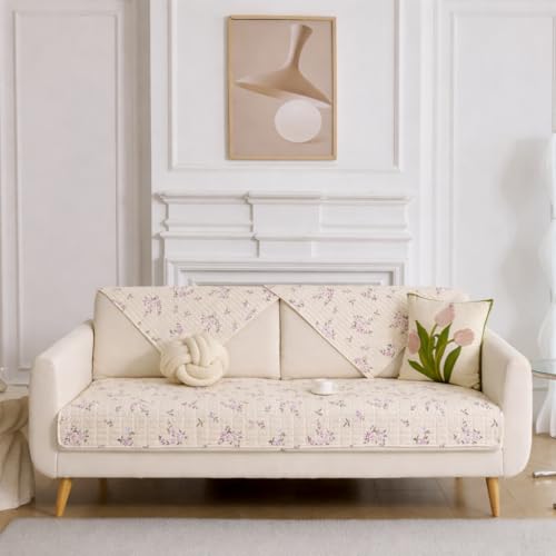 Image of HOMETHREADS Anti-Skid Sofa Protector Mat: Premium Printed Cotton Slipcover with Strong PVC Non-Slip Backing, (Beige Purple, 2 Seater Small | 120x75cm)