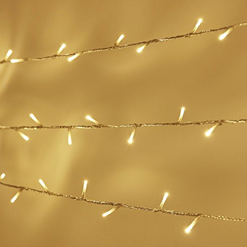 Lights4fun - Catena di Luci Prolungabile con 100 LED Bianco Caldo su 10m di Cavo Trasparente per Interni ed Esterni