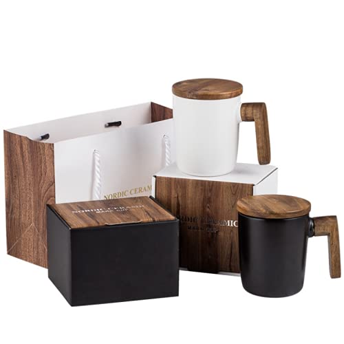 Fayruz Ceramic Mug, Porcelain Mug Ceramic Tea Coffee Mug Cups with Wood Lid and Handle Couple Cups,12oz (black and white set)